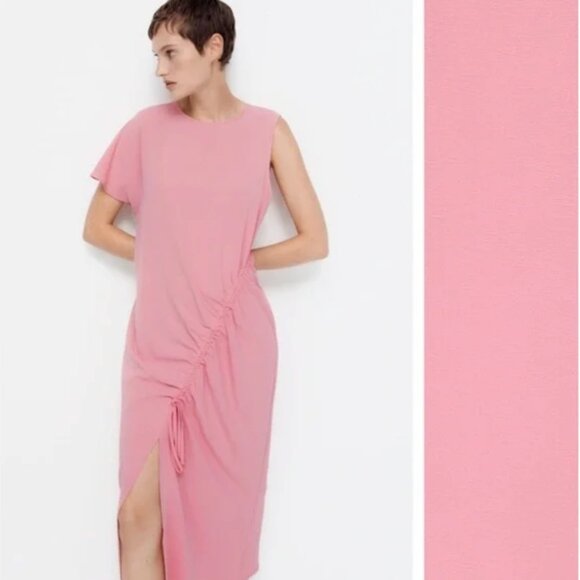 NWT Zara Pink Draped Asymmetrical Ruched Midi Dress Size S Boho Lagenlook NEW - Picture 2 of 14